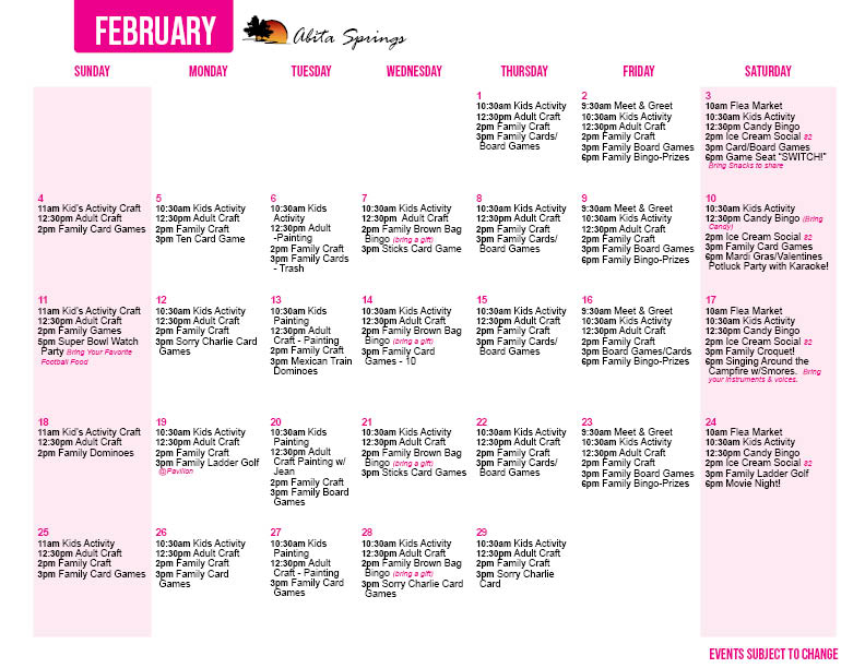 Abita Springs February 2024 Activity Calendar