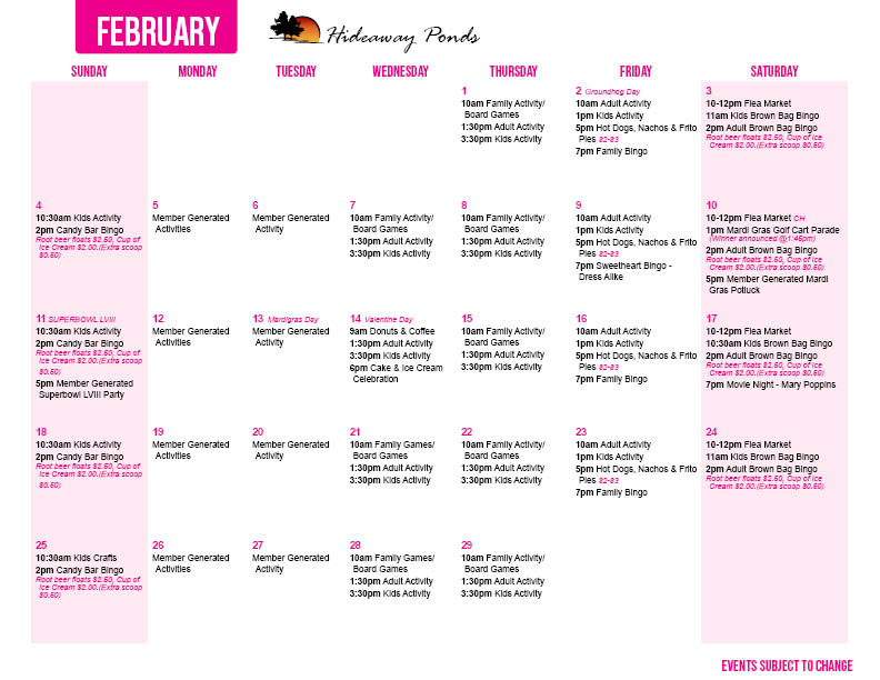Hideaway Ponds February Activity Calendar