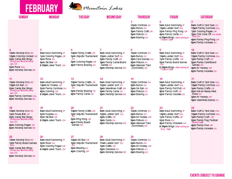 Mountain Lakes February Activity Calendar