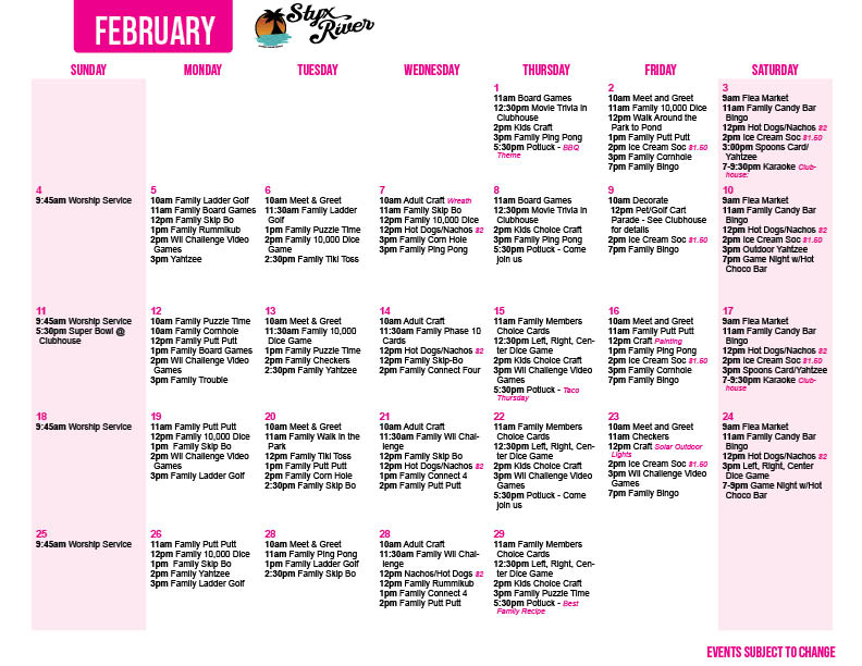 Styx River's February 24 Activity Calendar
