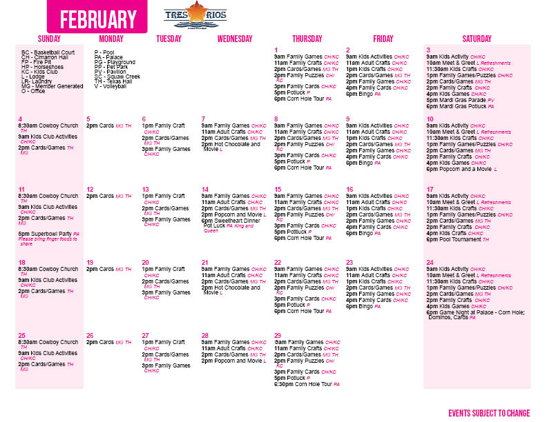 Tres Rios February Activity Calendar