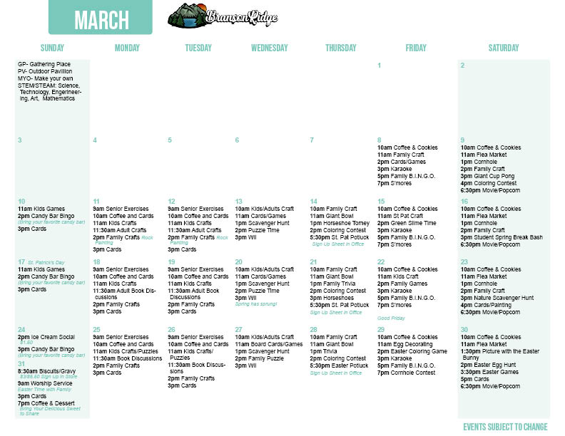 Branson March Activity Calendar
