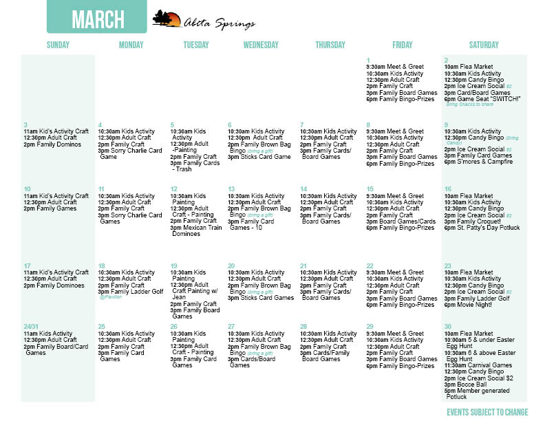 Abita Springs March Activity Calendar