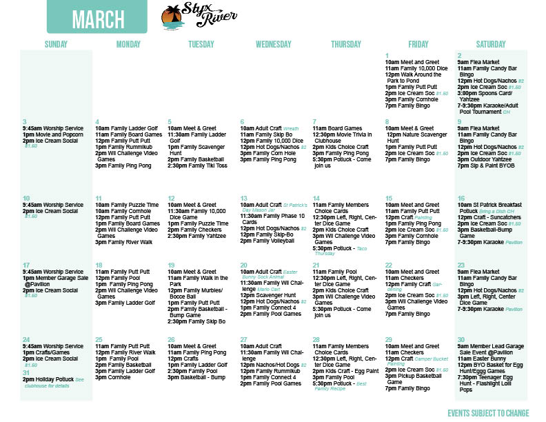 Styx River's March 24 Activity Calendar