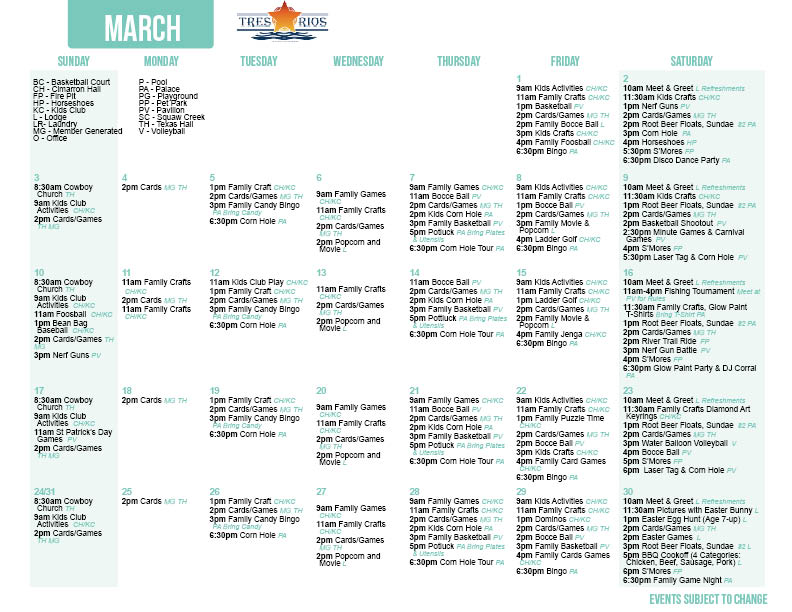 Tres Rios' March Activity Calendar