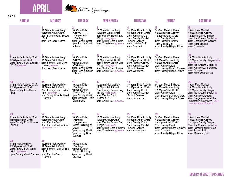 April Abita Activity Calendar