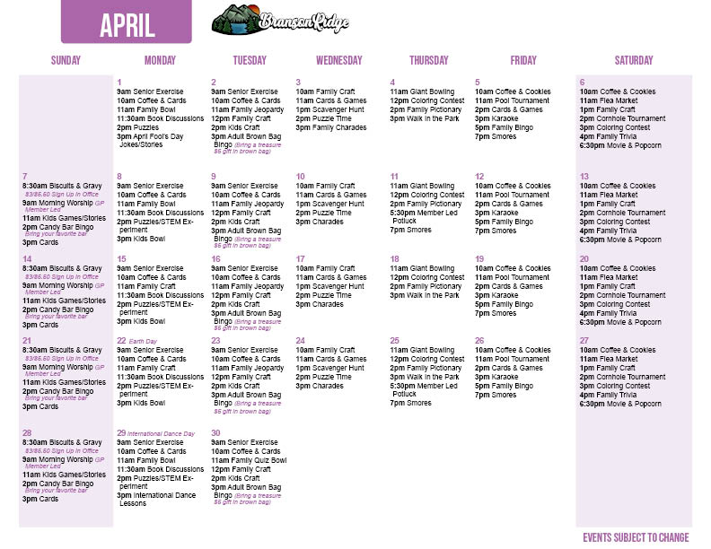Branson April Activity Calendar