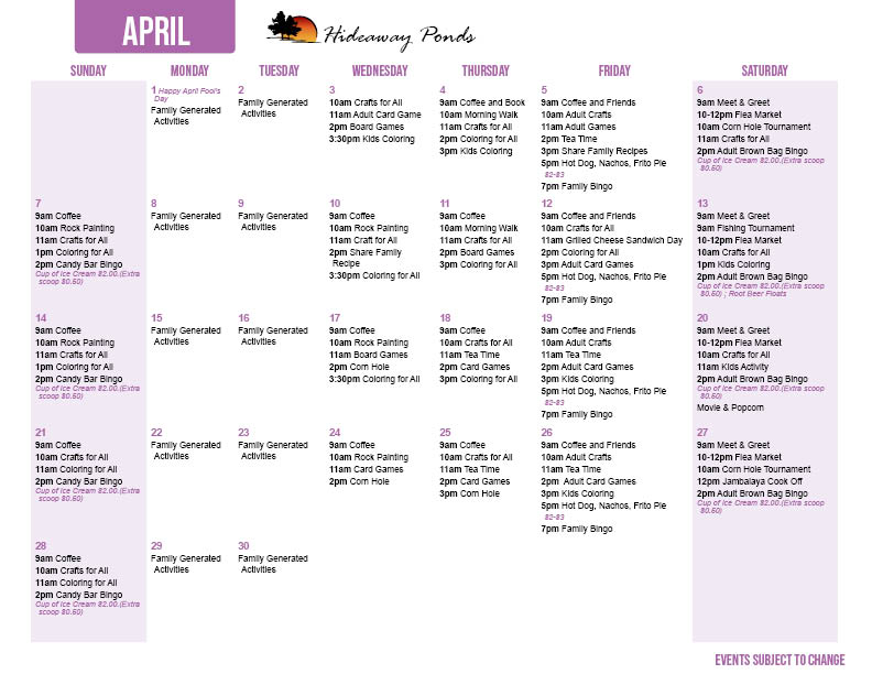 Hideaway Pond's April Activity Calendar