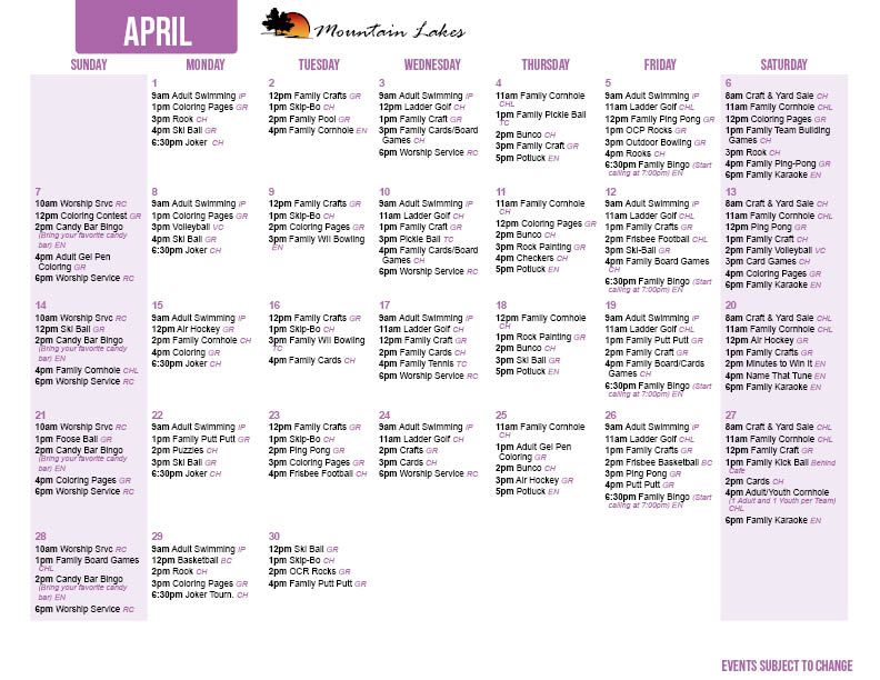 Mountain Lake's April 24 Activity Calendar