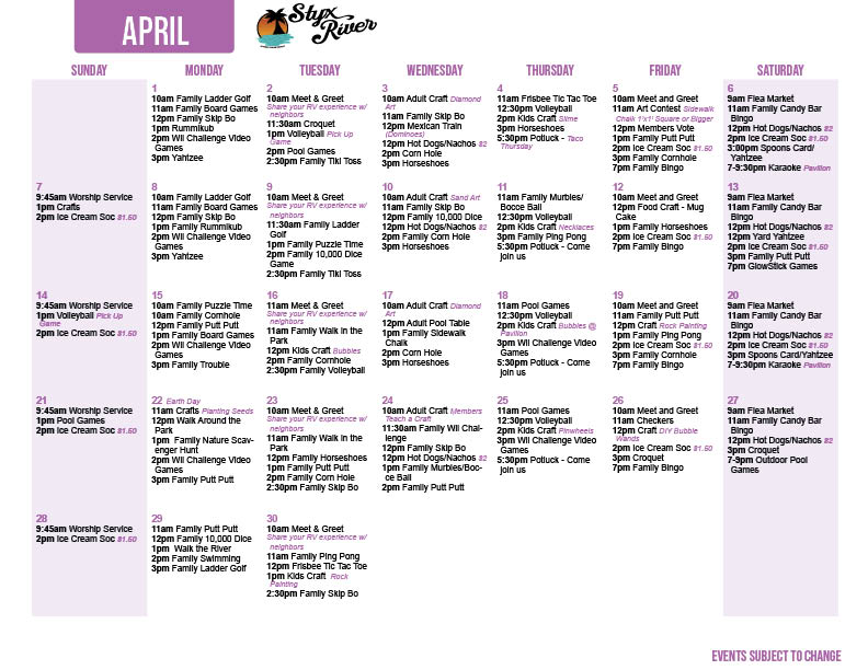 Styx River's April 24 Activity Calendar