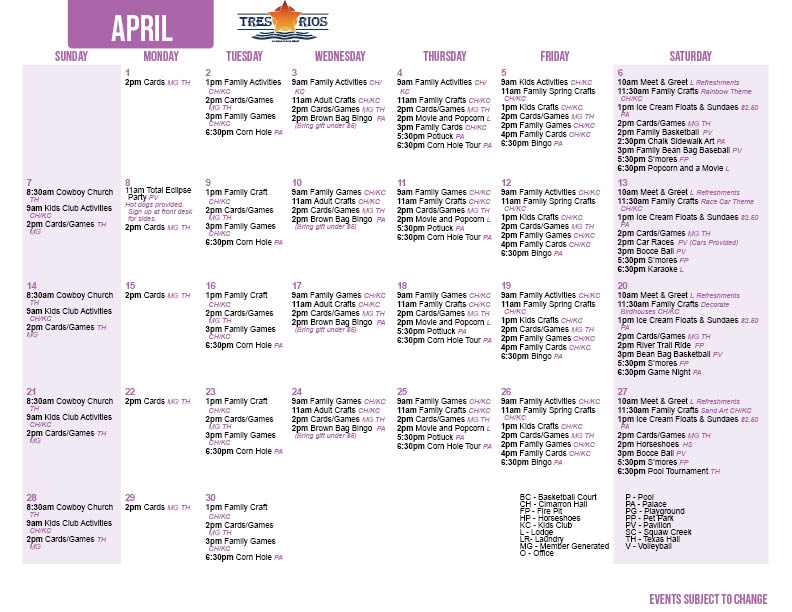 Tres Rios April's Activity Calendar
