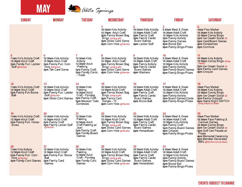 Abita Springs May Activity Calendar