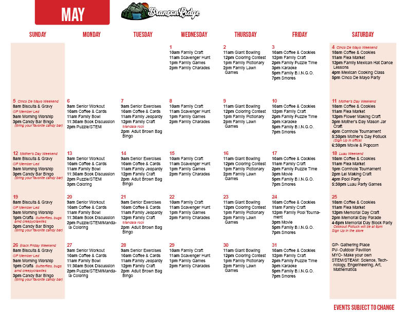 Branson Ridge's May Activity Calendar