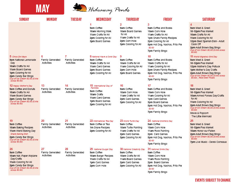Hideaway Pond's May Activity Calendar