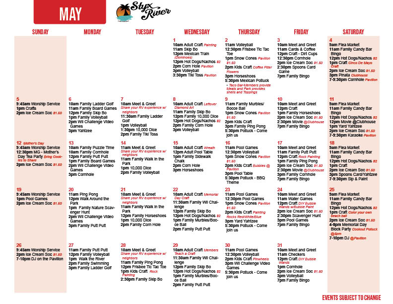 Styx River's May 24 Activity Calendar