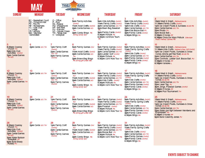 Tres Rios' May Activity Calendar