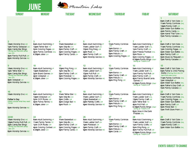 Mountain Lakes June Activity Calendar