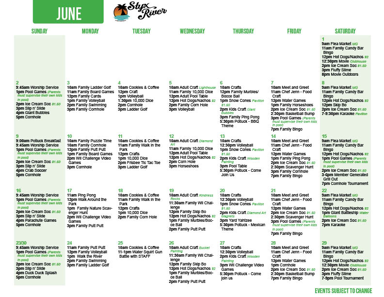 Styx River June Activity Calendar