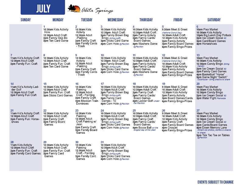 Abita Springs July 2024 Activity Calendar