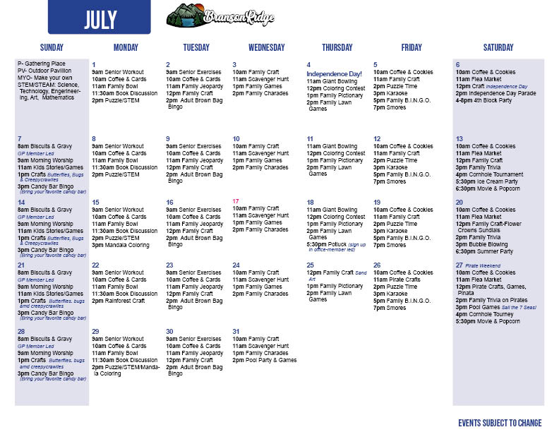 Branson's July Activity Calendar