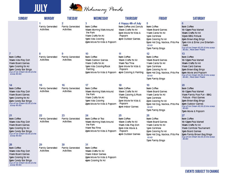 Hideaway Pond's July Activity Calendar