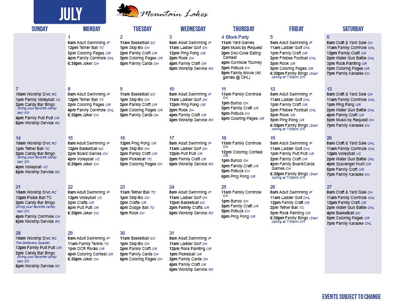Mountain Lakes' July Activity Calendars