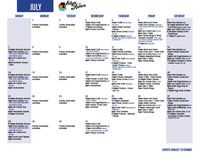 July Styx Activity Calendar