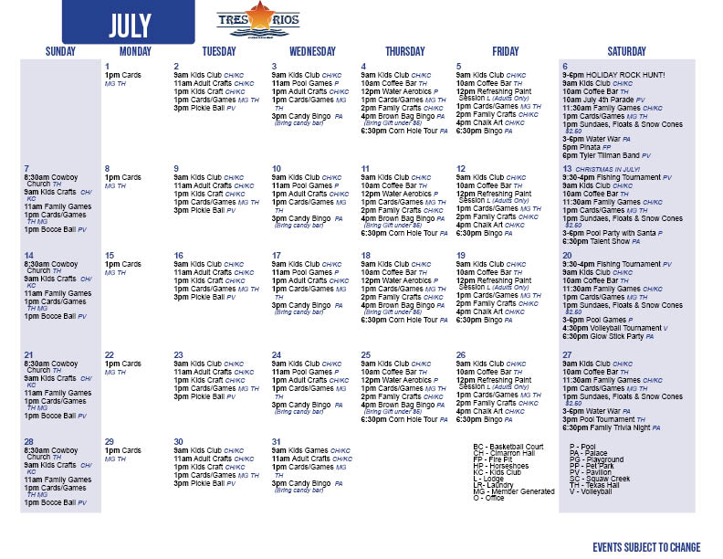 Tres Rios' July Activity Calendar
