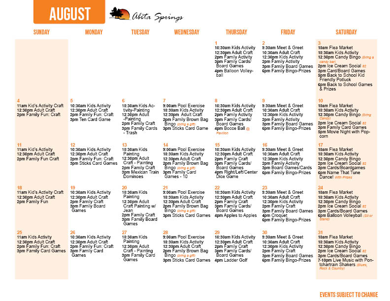 Abita Springs April's Activity Calendar