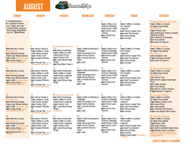 Branson Ridge's August Activity Calendar