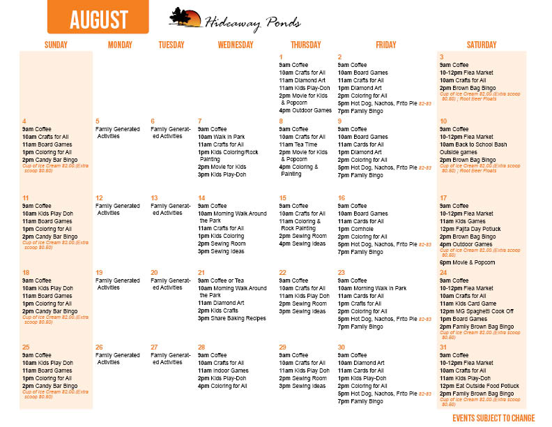 Hideaway Ponds August Activity Calendar