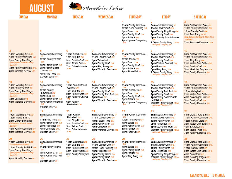 Mountain Lakes August Activity Calendar