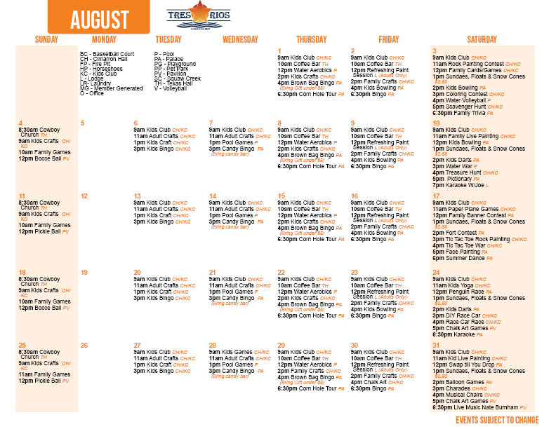 Tres Rios August Activity Calendar