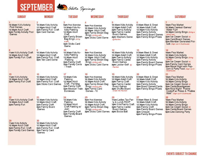 Abita Springs September Activity Calendar