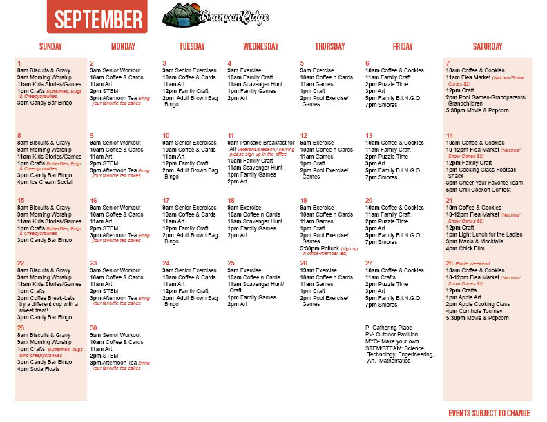 Branson Ridge's September Activity Calendar