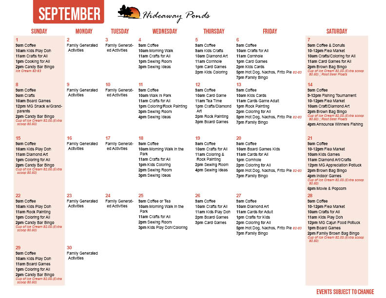 Hideaway Ponds September Activity Calendar