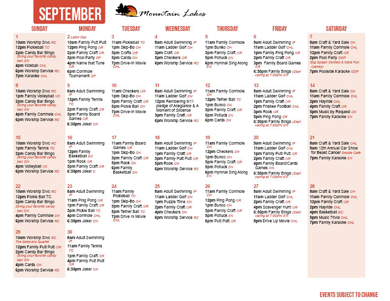 Mountain Lakes September Activity Calendar