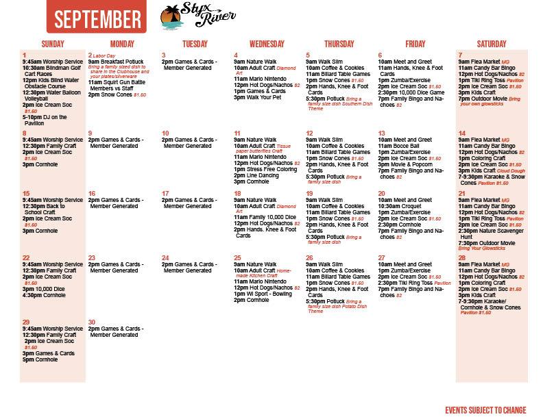 Styx River September Activity Calendar