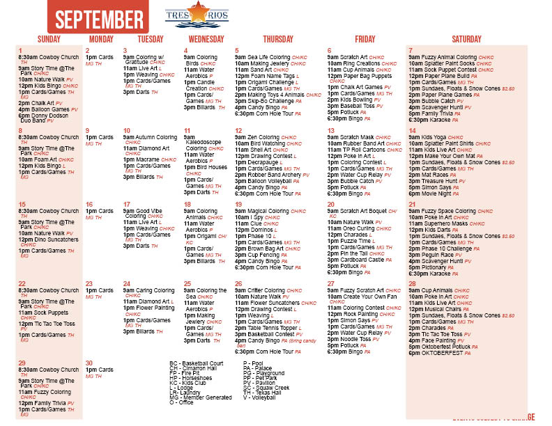 Tres Rios September Activity Calendar