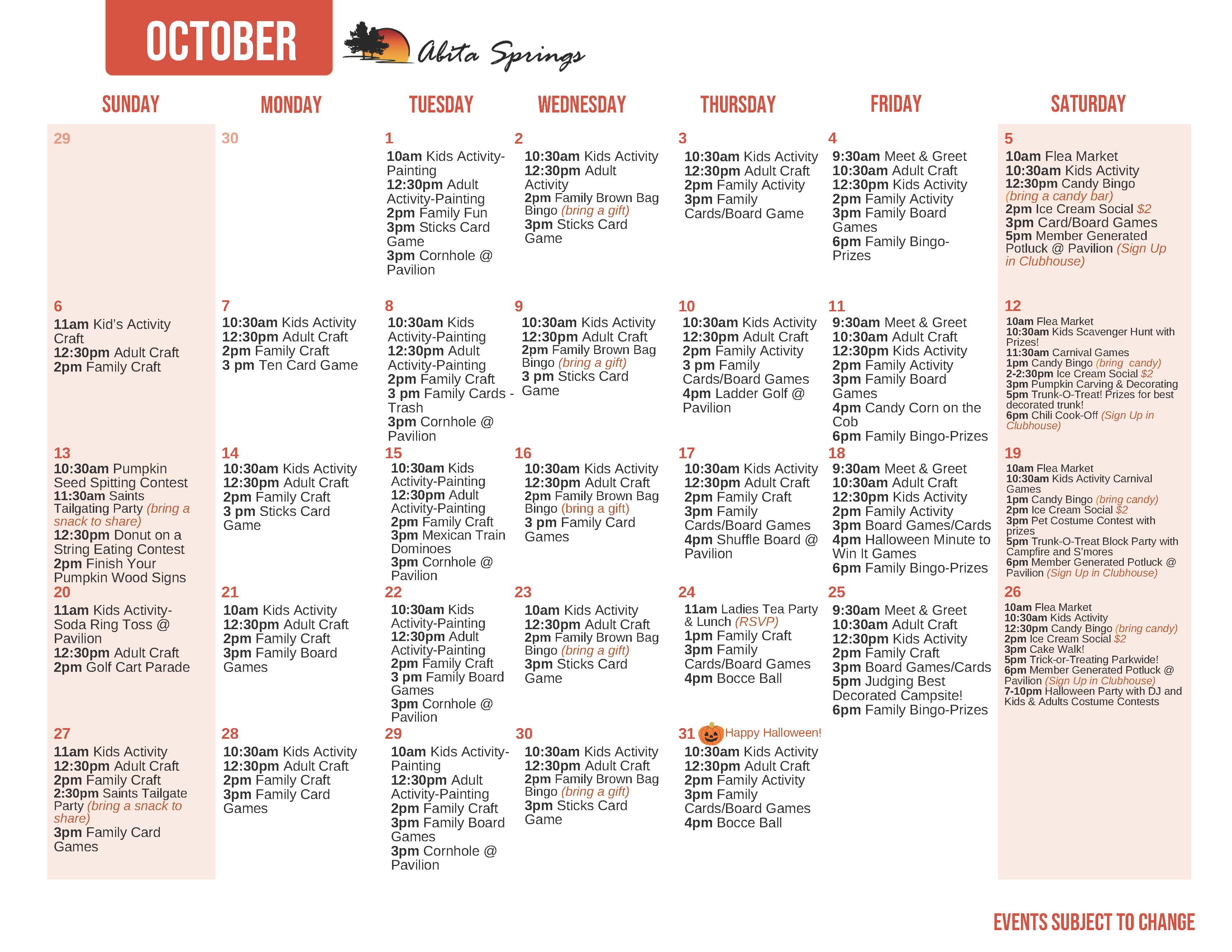 Abita Springs October 2024 Activity Calendar