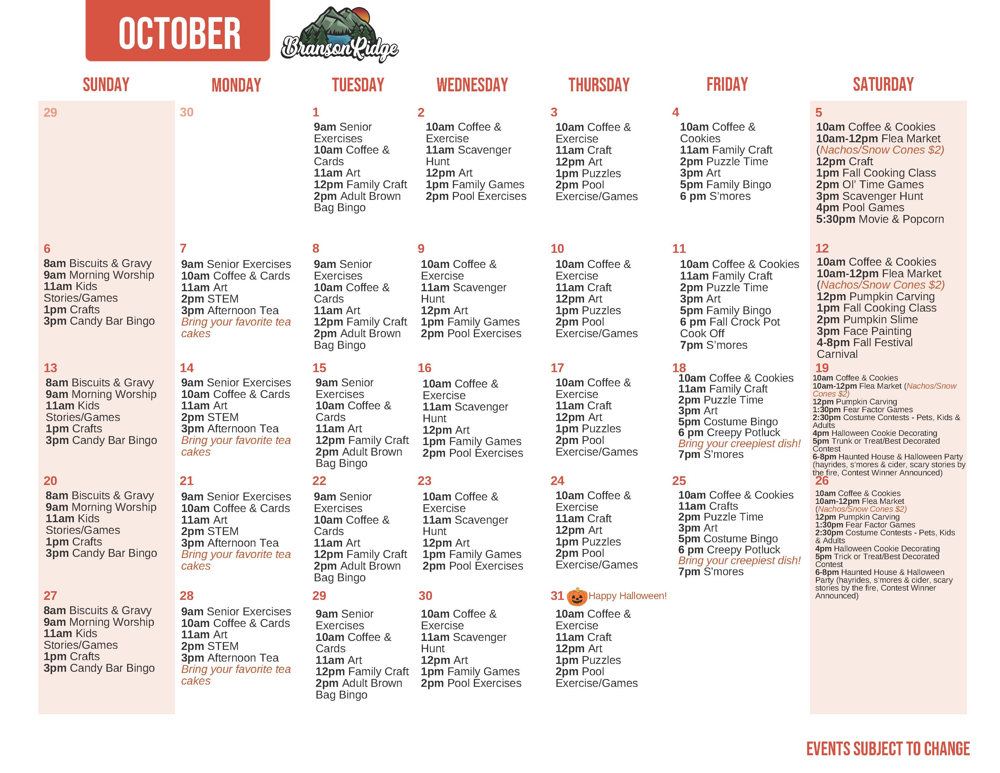 Branson Ridge's October Activity Calendar