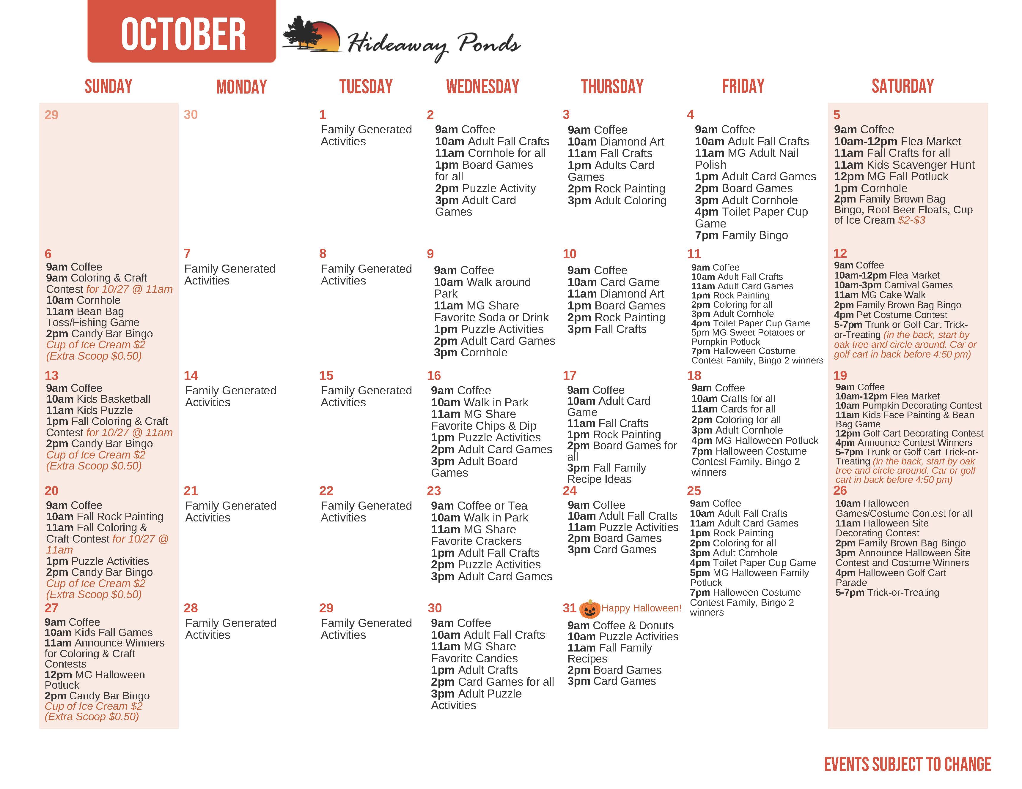 Hideaway Ponds October Activity Calendar