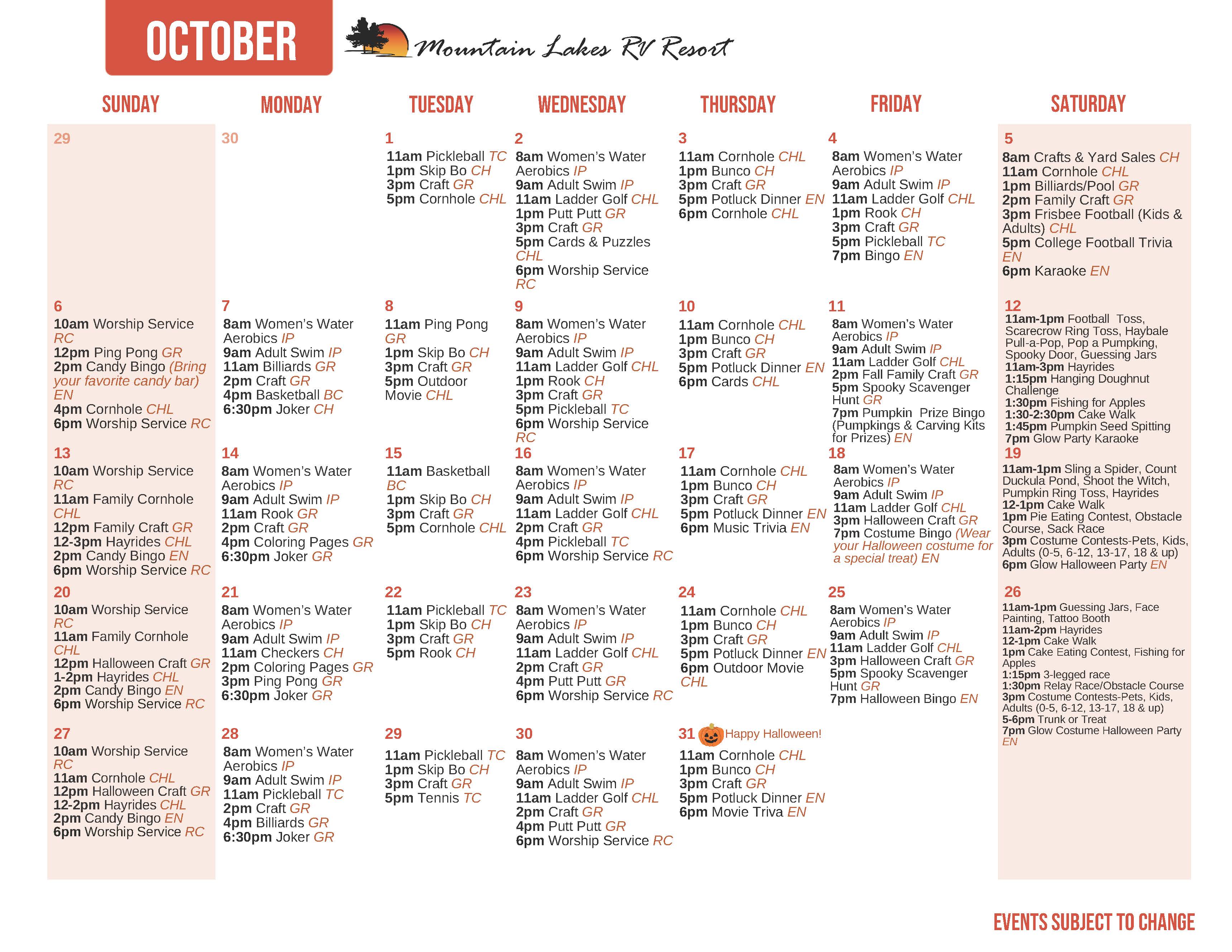 Mountain Lakes' October Activity Calendars