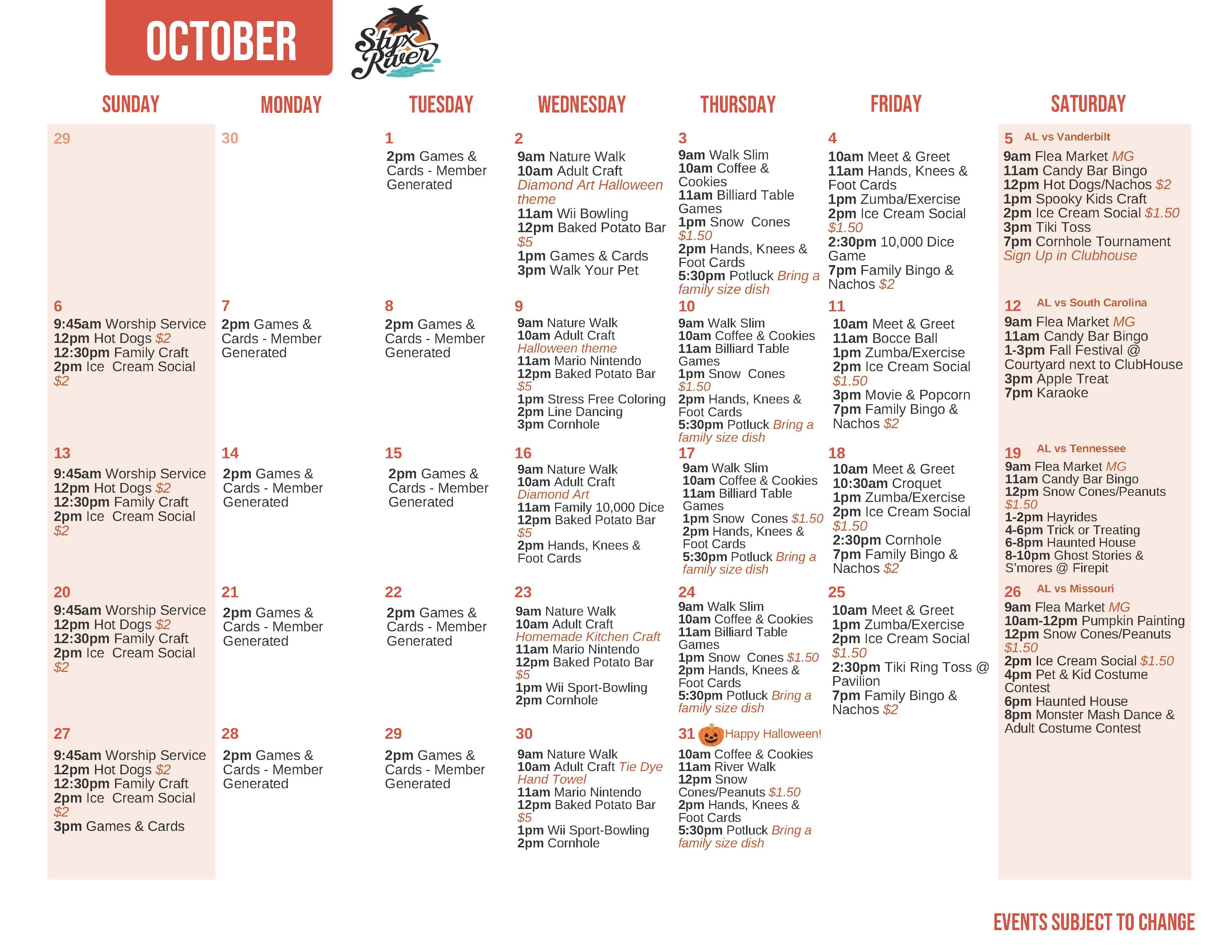 Styx River October Activity Calendar