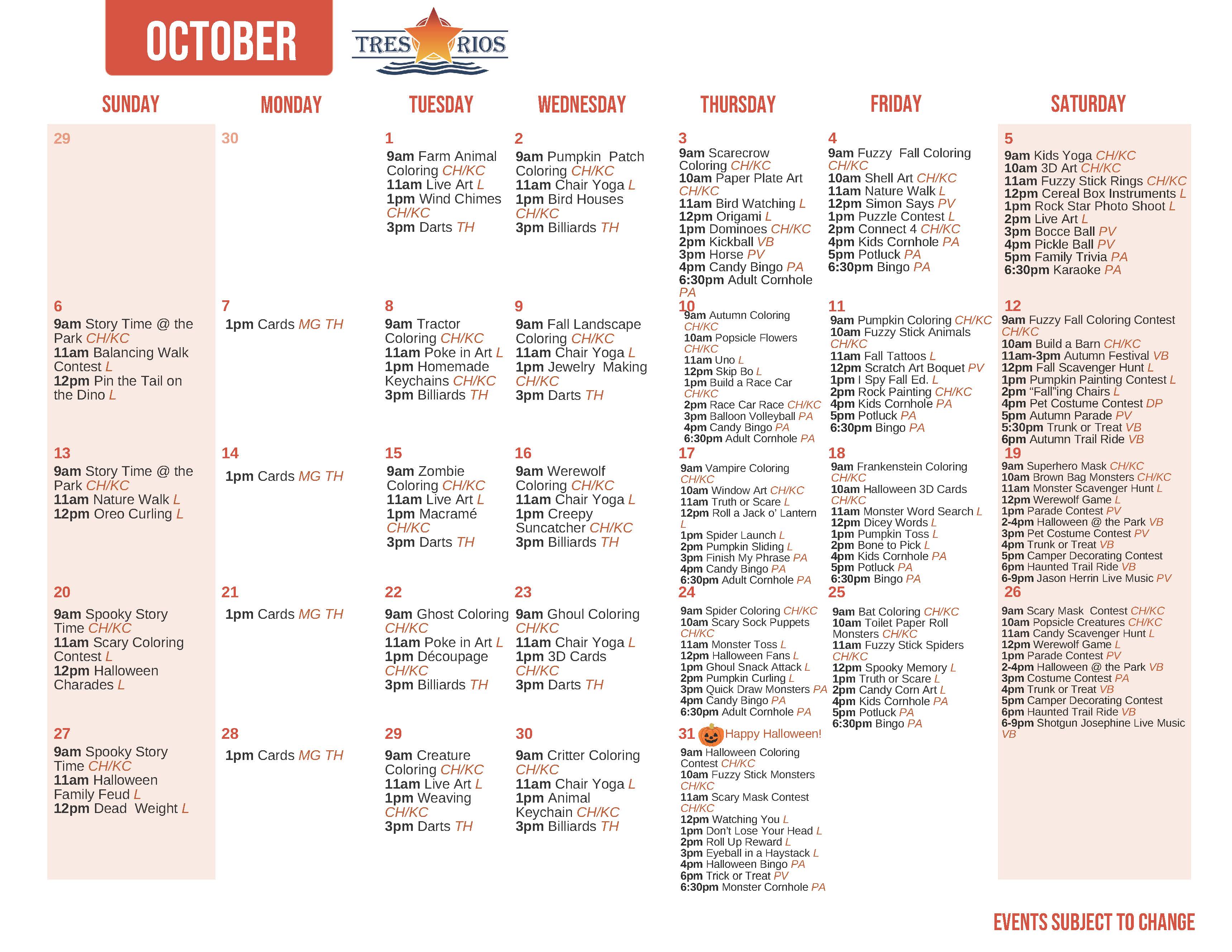 Tres Rios October Activity Calendar