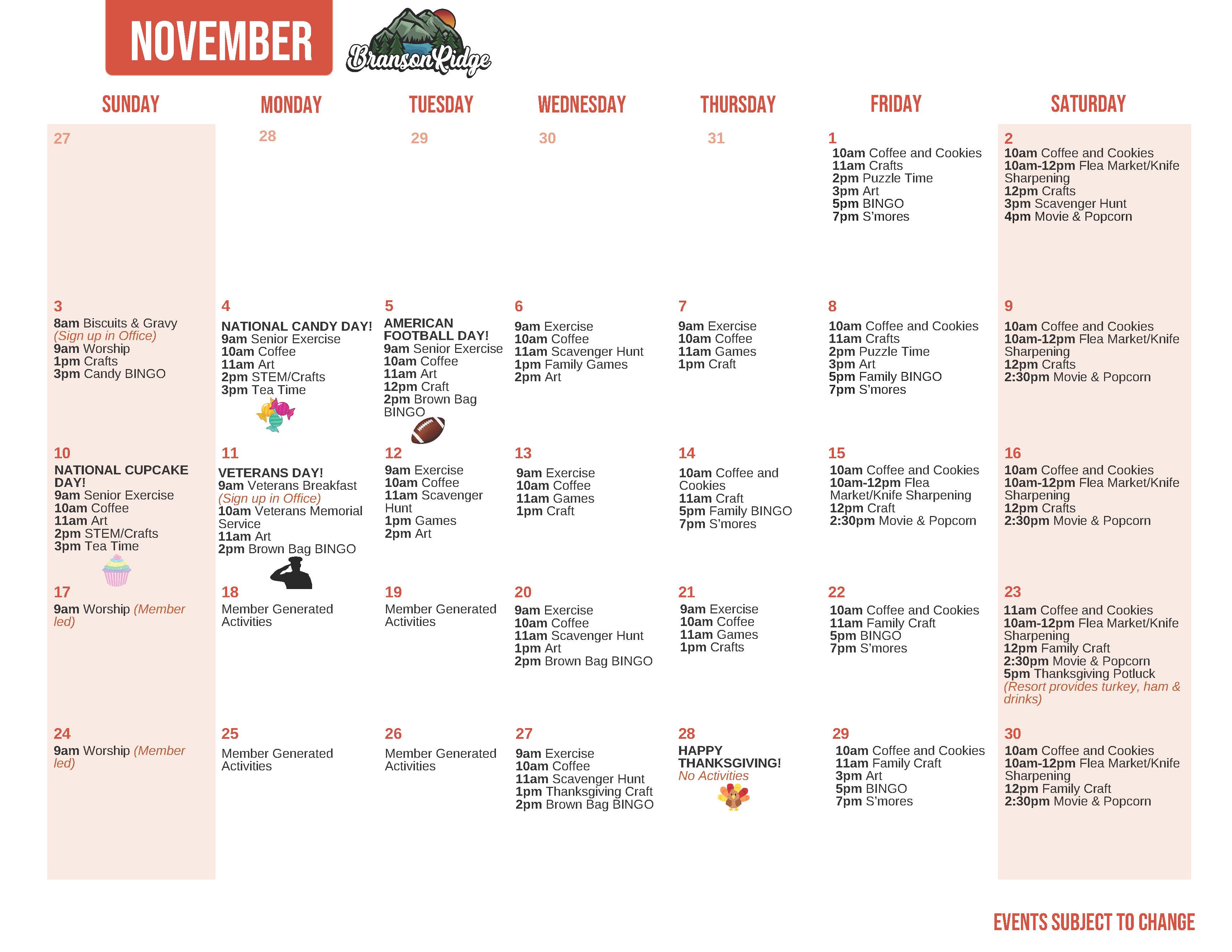 Branson Ridge's November's Activity Calendar