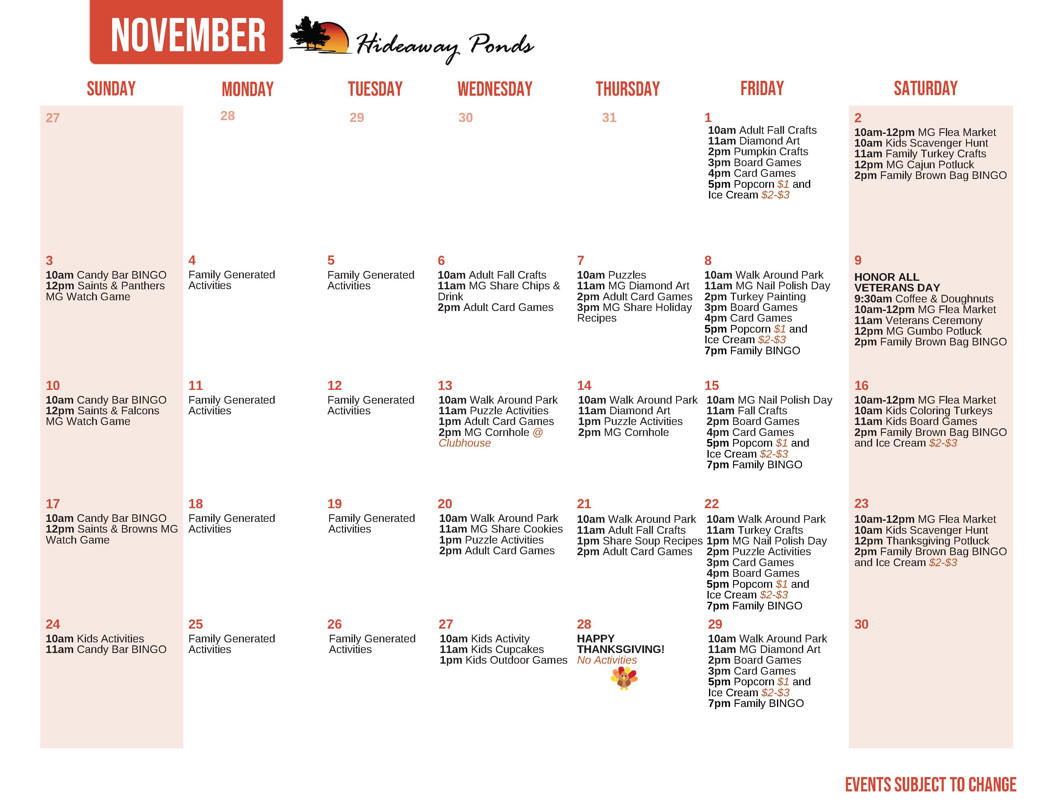 Hideaway Pond's November Activity Calendar