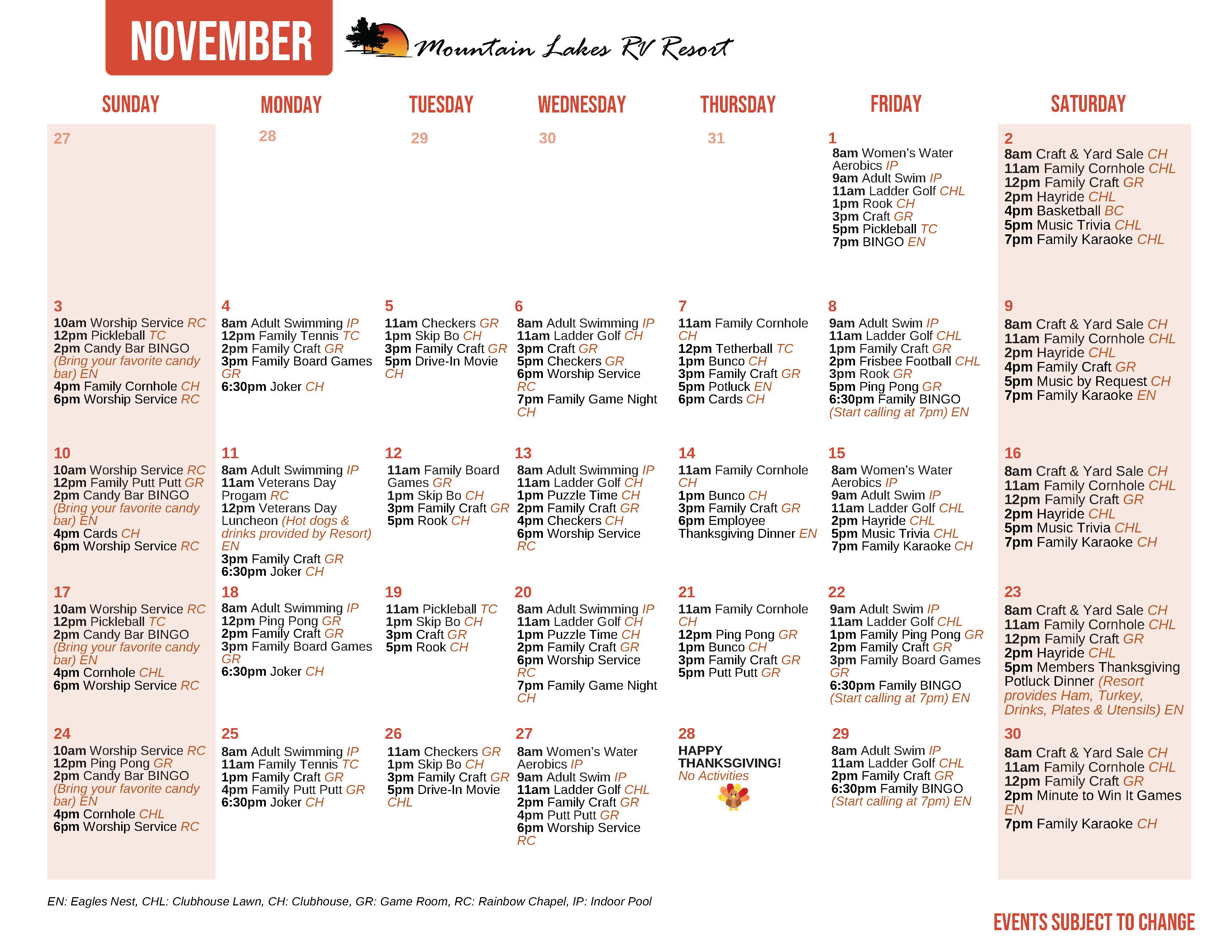 Mountain Lakes November's Activity Calendar