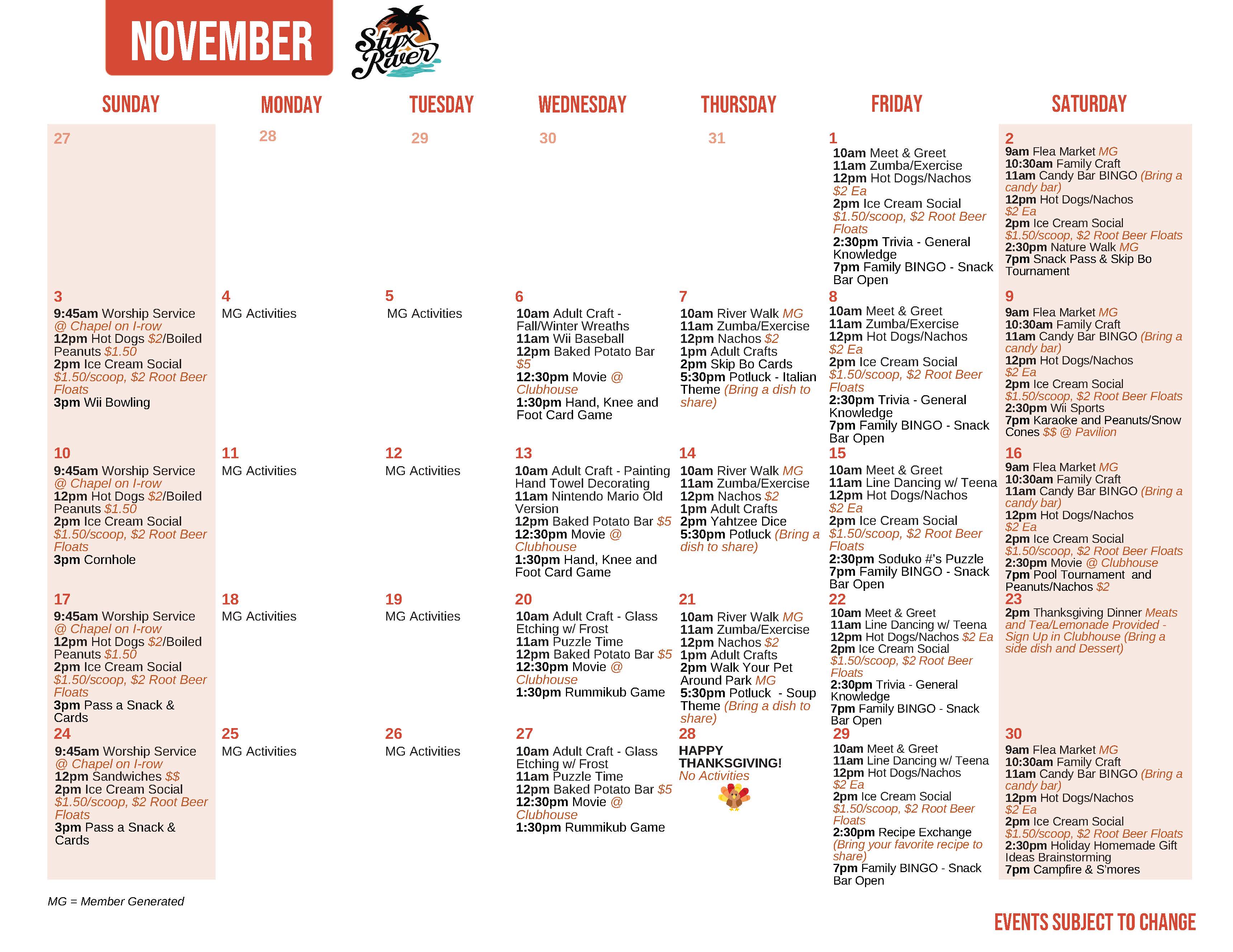 Styx River November's Activity Calendar