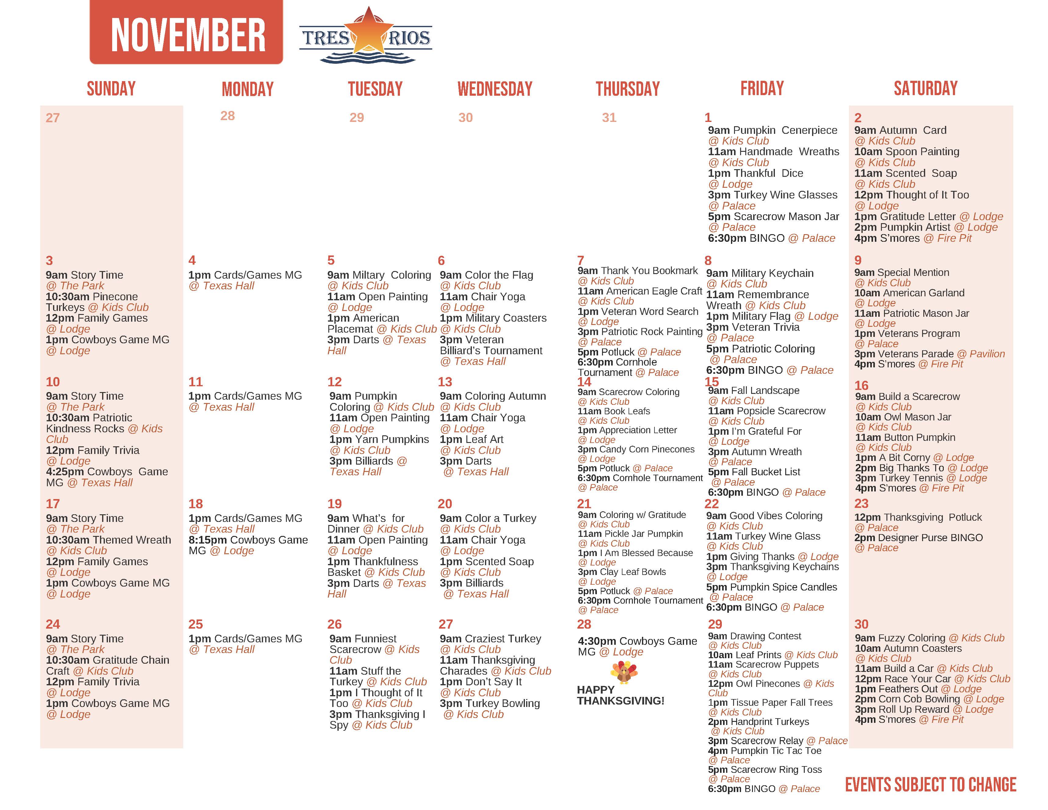 Tres Rios' November Activity Calendar